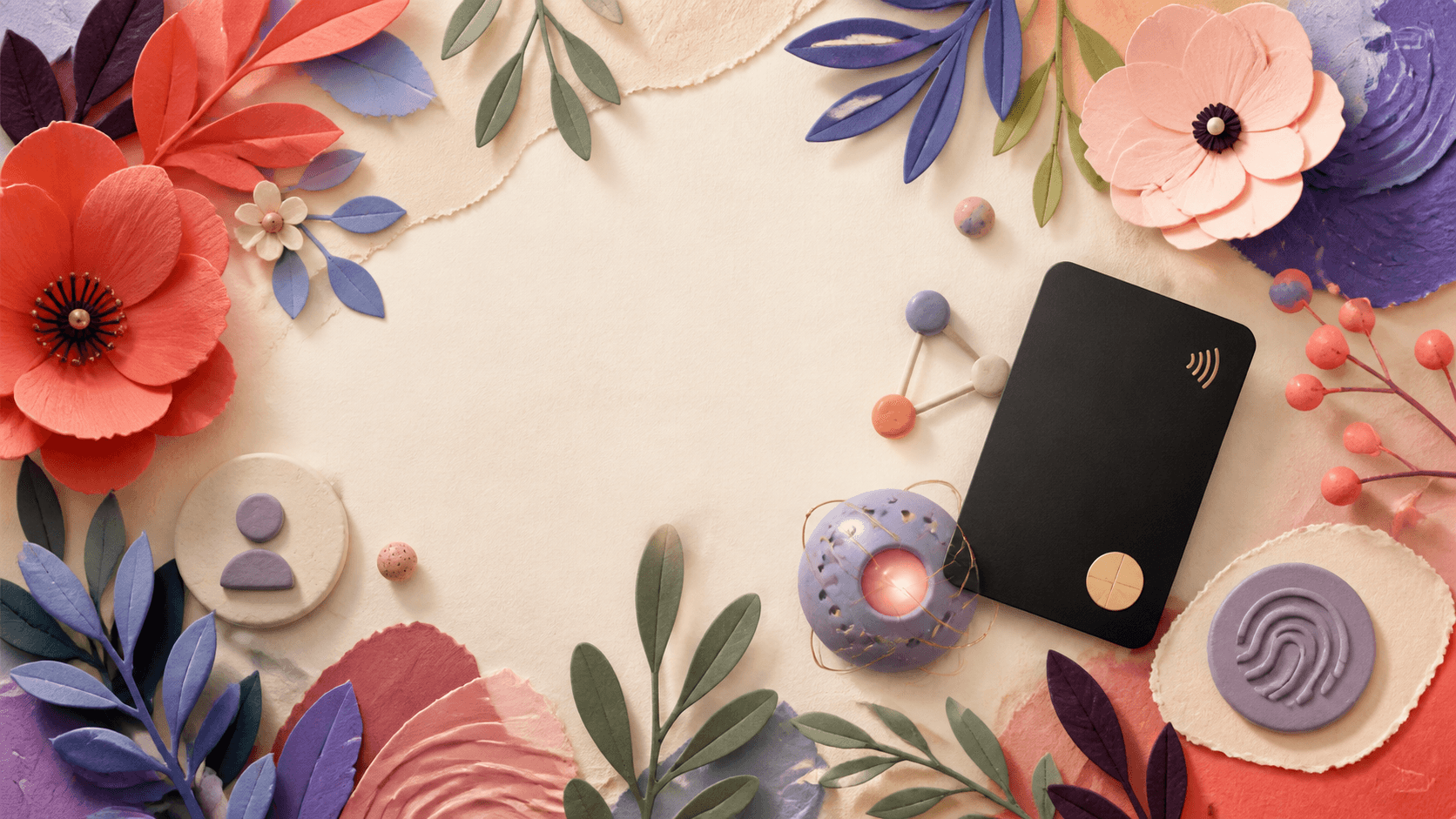 Botanical collage of paper, clay identity objects, and an obsidian AI Card