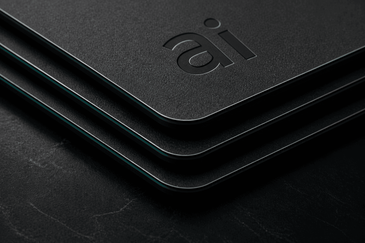 Macro detail of three black AI Cards with mint edges and embossed ai