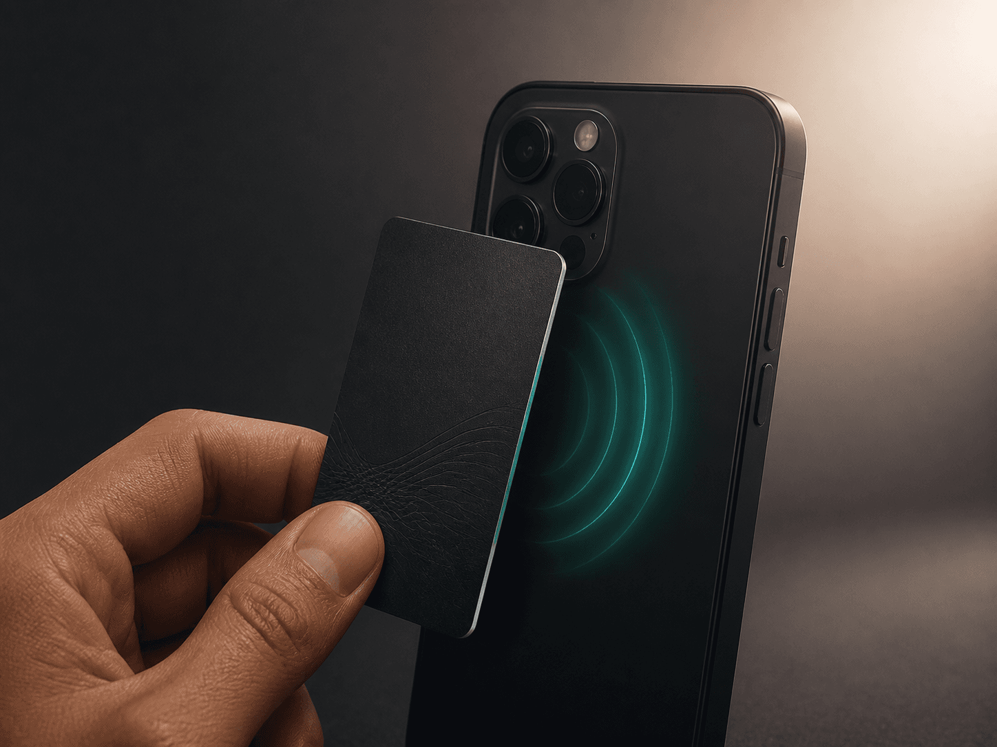 A hand tapping an obsidian AI Card to a phone over NFC